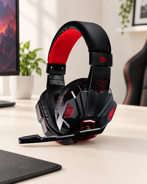 Black and red SY830 headset with an extended microphone on an ivory desk.
