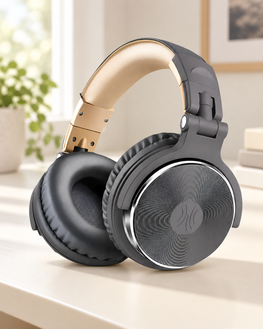 Grey and gold over-ear headphones on an ivory desk.