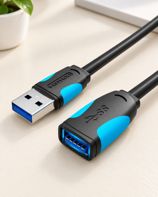 Black and cyan USB extension cable connectors on an ivory desk.