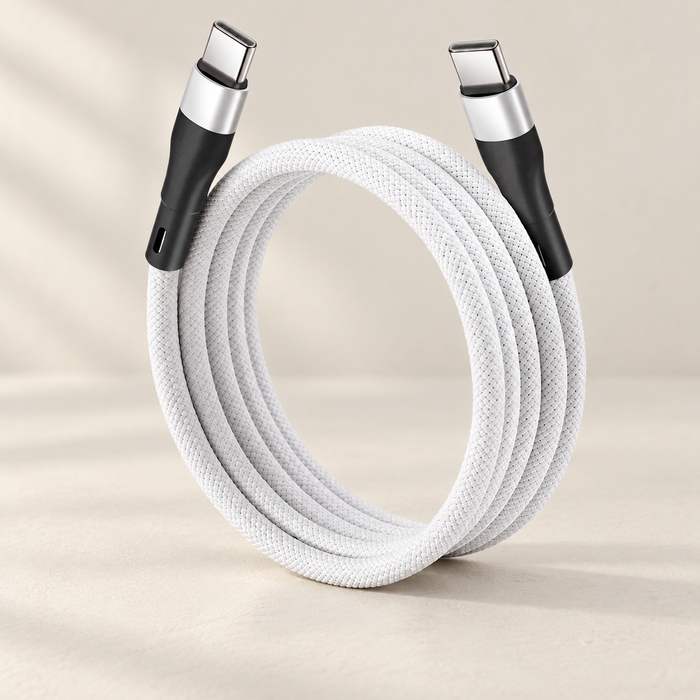 White braided USB-C cable with black and silver connectors