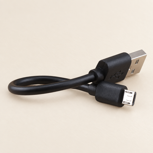 Short black USB cable on a warm ivory surface