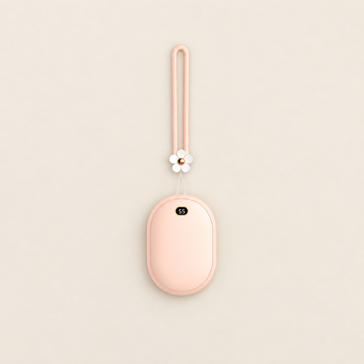 Peach oval power bank with flower wrist strap lying on an ivory surface