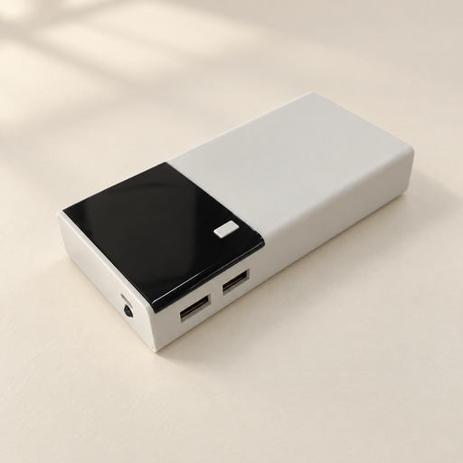 White power bank with black panel on an ivory desk