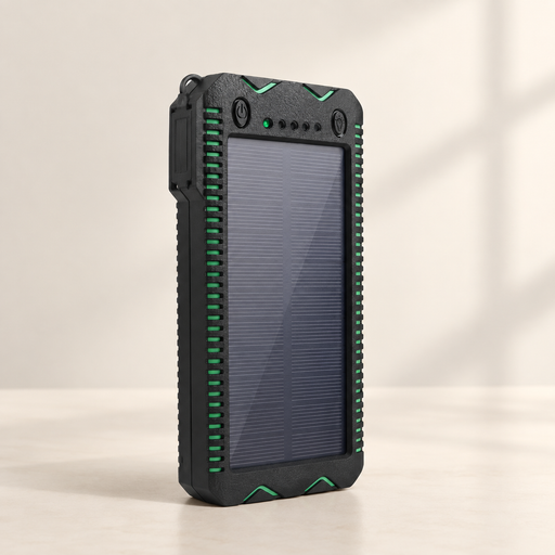Black solar power bank with green accents on a warm neutral surface.