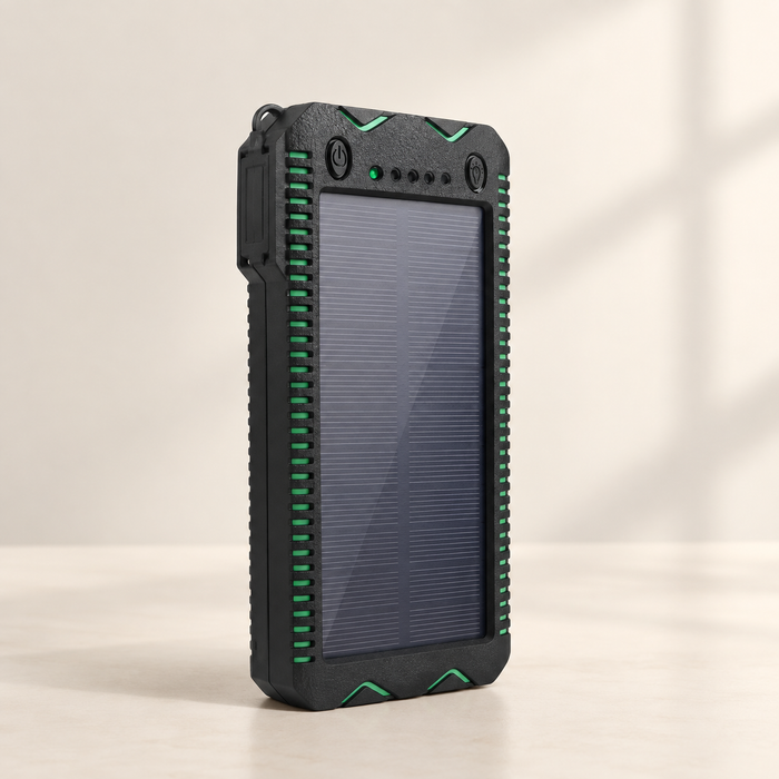 Black solar power bank with green accents on a warm neutral surface.