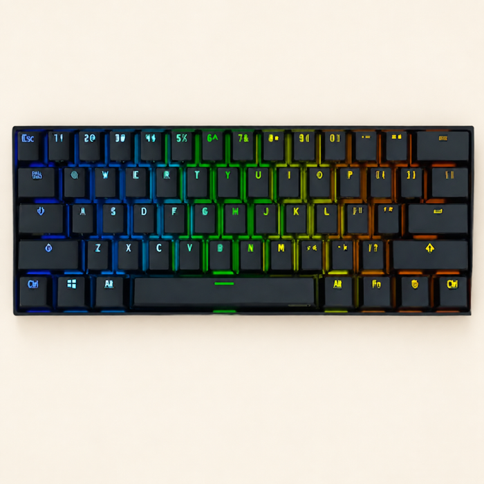 Black compact keyboard with multicoloured backlit keys on an ivory desktop.