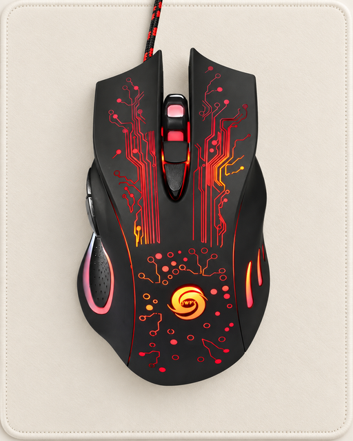 Black gaming mouse with illuminated red circuit graphics on an ivory mat.
