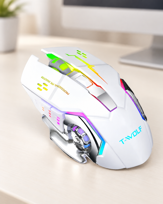 Pearl white T-WOLF gaming mouse with illuminated accents on an ivory desk.
