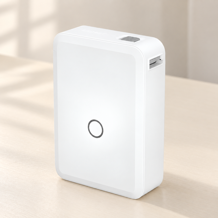 White portable label printer on an ivory desk