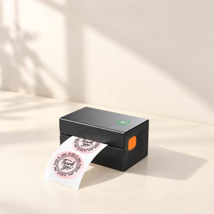 Black label printer with pink Thank You labels on an ivory desk