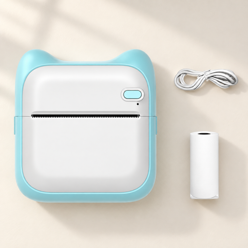 Aqua and white pocket printer with cable and paper roll