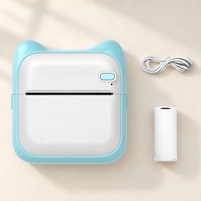 Aqua and white pocket printer with cable and paper roll