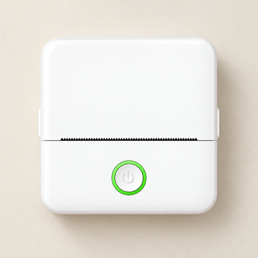 White thermal printer with green power button on an ivory desk
