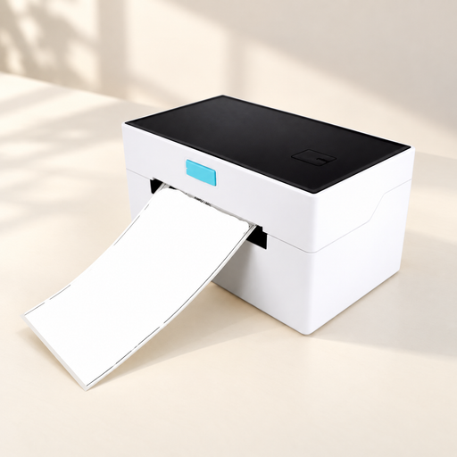White and black label printer on an ivory desk
