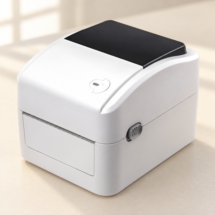 Compact white barcode printer on an ivory desk