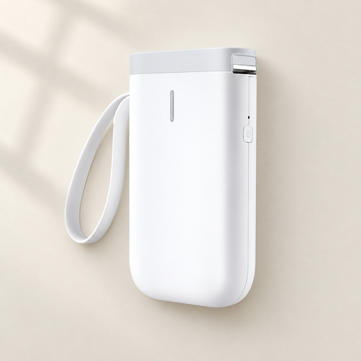 White portable label printer with wrist strap on an ivory surface