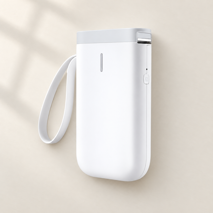 White portable label printer with wrist strap on an ivory surface