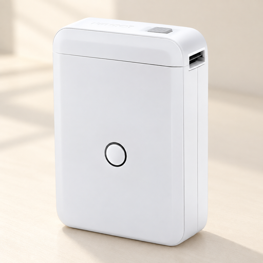 Compact white label printer on an ivory desk