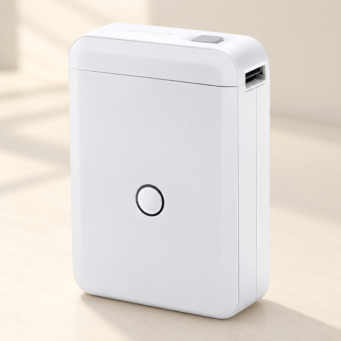 Compact white label printer on an ivory desk