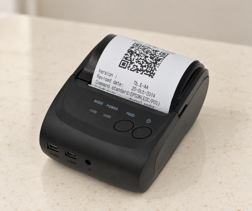 Black portable receipt printer on ivory countertop