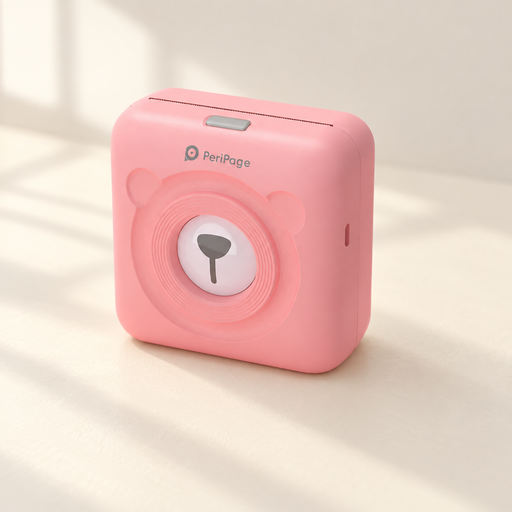 Pink PeriPage mini printer on an ivory desk
