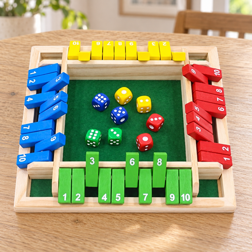 Wooden board game with coloured numbered tiles and eight dice on a wooden table.
