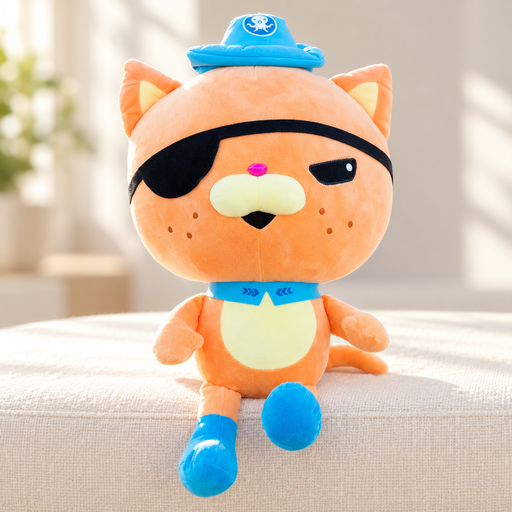 Orange pirate cat plush seated on an ivory bench