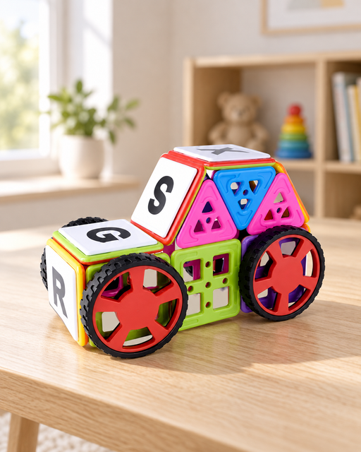 Colourful magnetic tile toy car with red wheels and letter panels on a wooden playroom table.