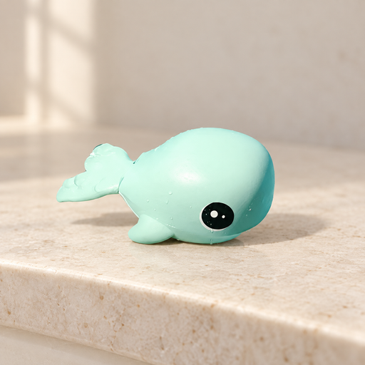 Mint whale bath toy resting on an ivory stone ledge