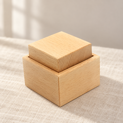 Wooden cube and matching box on ivory linen