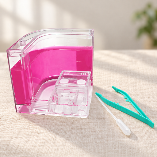 Pink ant habitat with tools on ivory linen