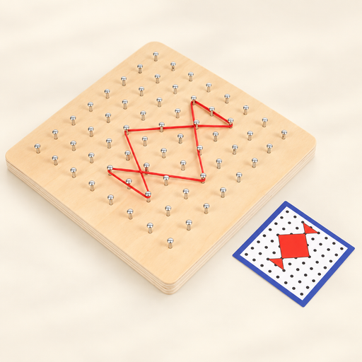 Wooden geoboard with red elastic pattern and matching card