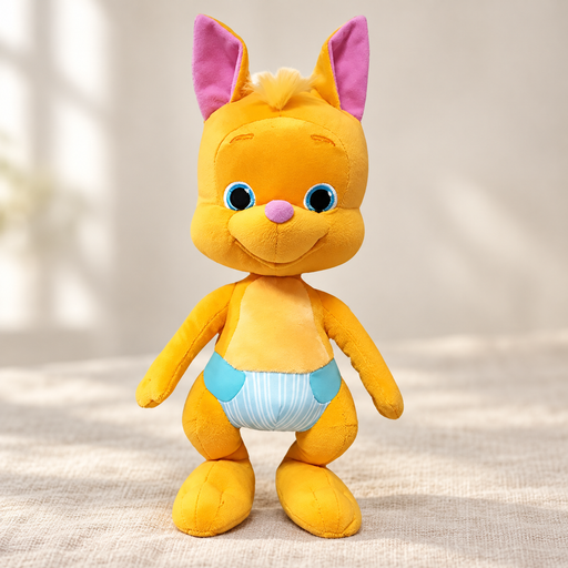 Yellow long-eared plush toy on ivory linen