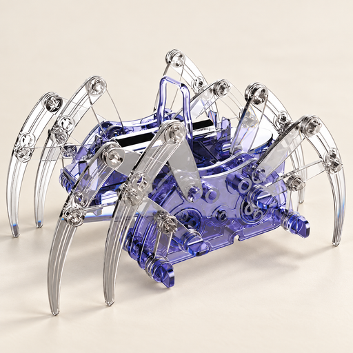 Transparent violet mechanical spider toy on ivory tabletop