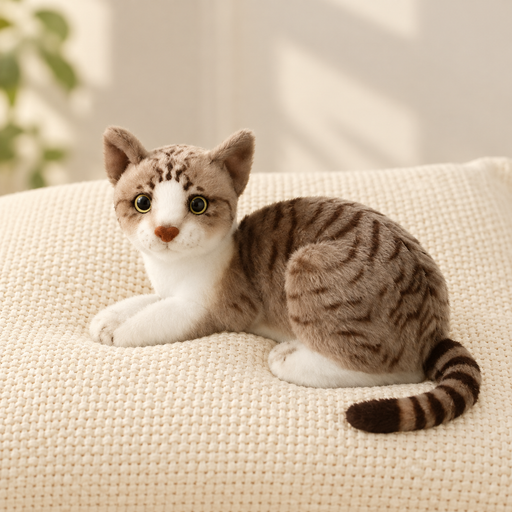 Grey tabby plush cat lying on an ivory cushion