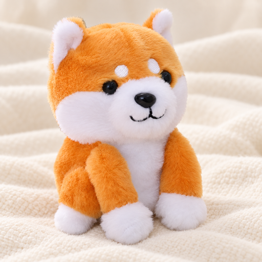 Orange and white plush puppy seated on ivory textile