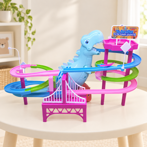 Colourful dinosaur track toy on an ivory playroom table