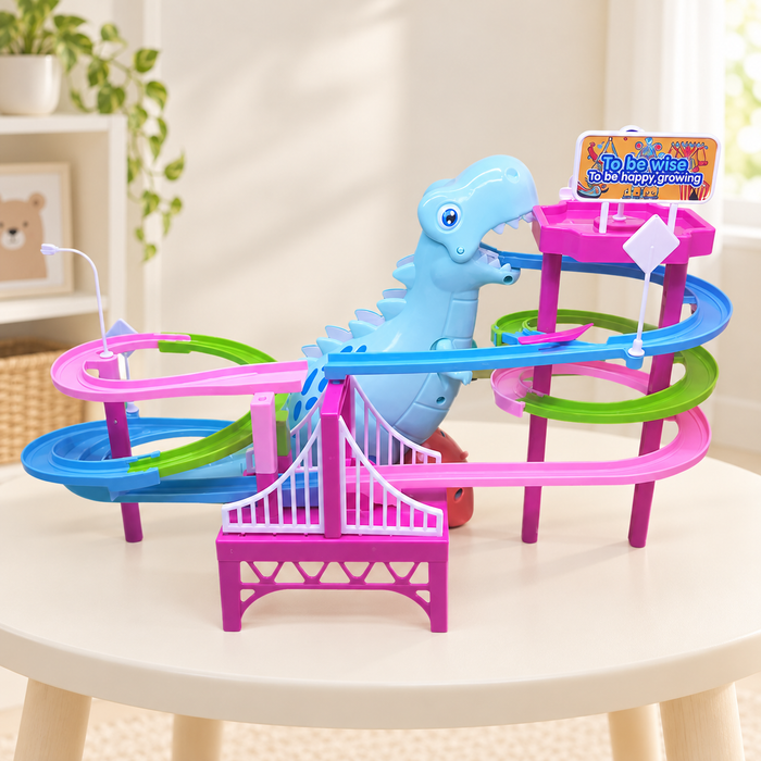 Colourful dinosaur track toy on an ivory playroom table