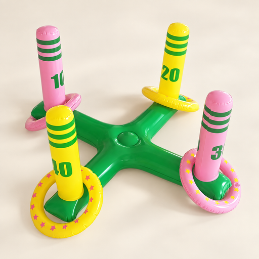 Pink yellow and green inflatable ring toss set on ivory floor