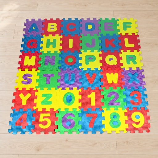 Colourful alphabet and number foam puzzle mat on a pale wood floor