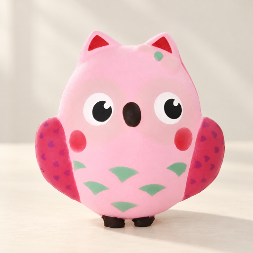 Pink squishy owl toy on an ivory tabletop