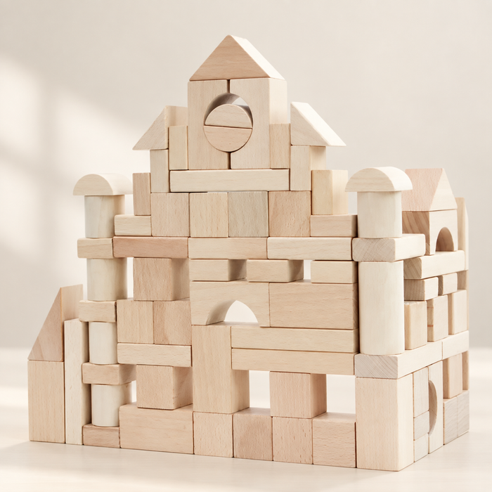 Natural wooden building blocks arranged as a castle on ivory table