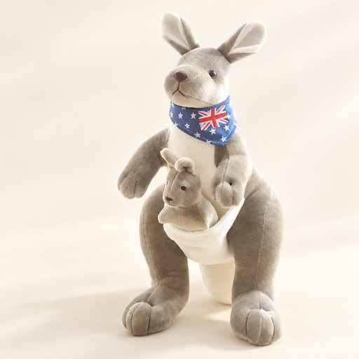 Grey kangaroo plush with baby and blue scarf