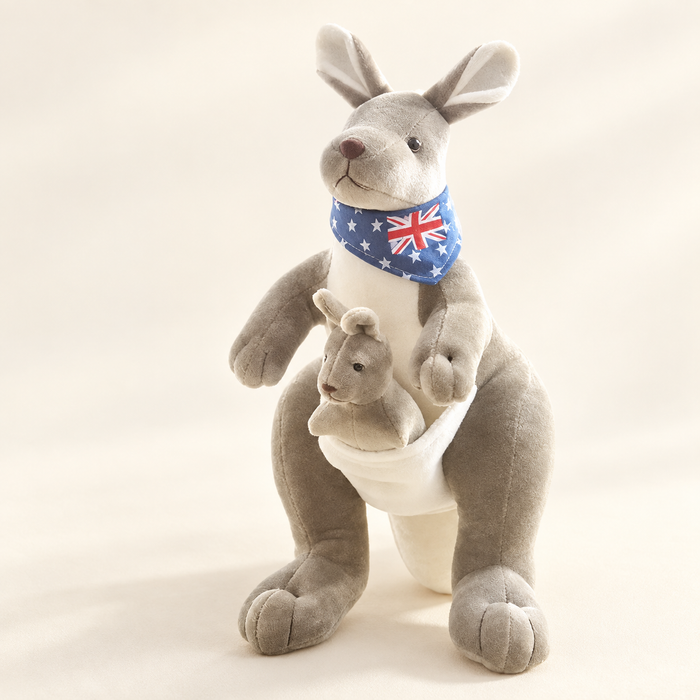 Grey kangaroo plush with baby and blue scarf
