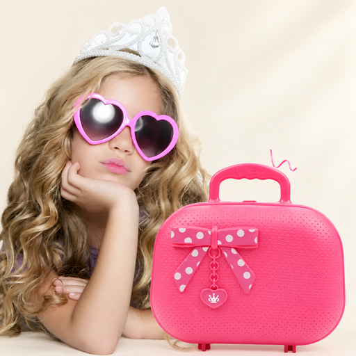Pink toy case with a polka-dot bow beside a child wearing heart-shaped sunglasses.