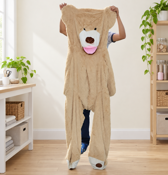Unstuffed beige teddy bear casing held up in a bright craft room