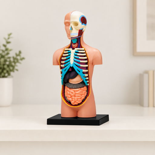 Educational anatomy torso model on an ivory shelf