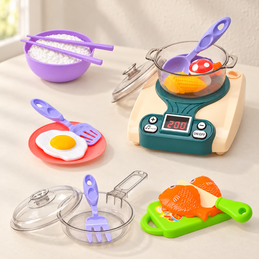Colourful toy kitchen set arranged on an ivory table