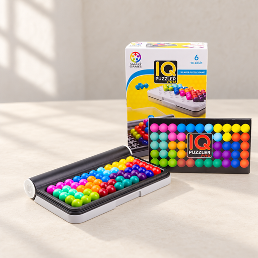 Colourful puzzle game with case, reference card and box on an ivory table