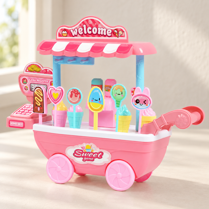 Pink toy ice cream cart on an ivory surface
